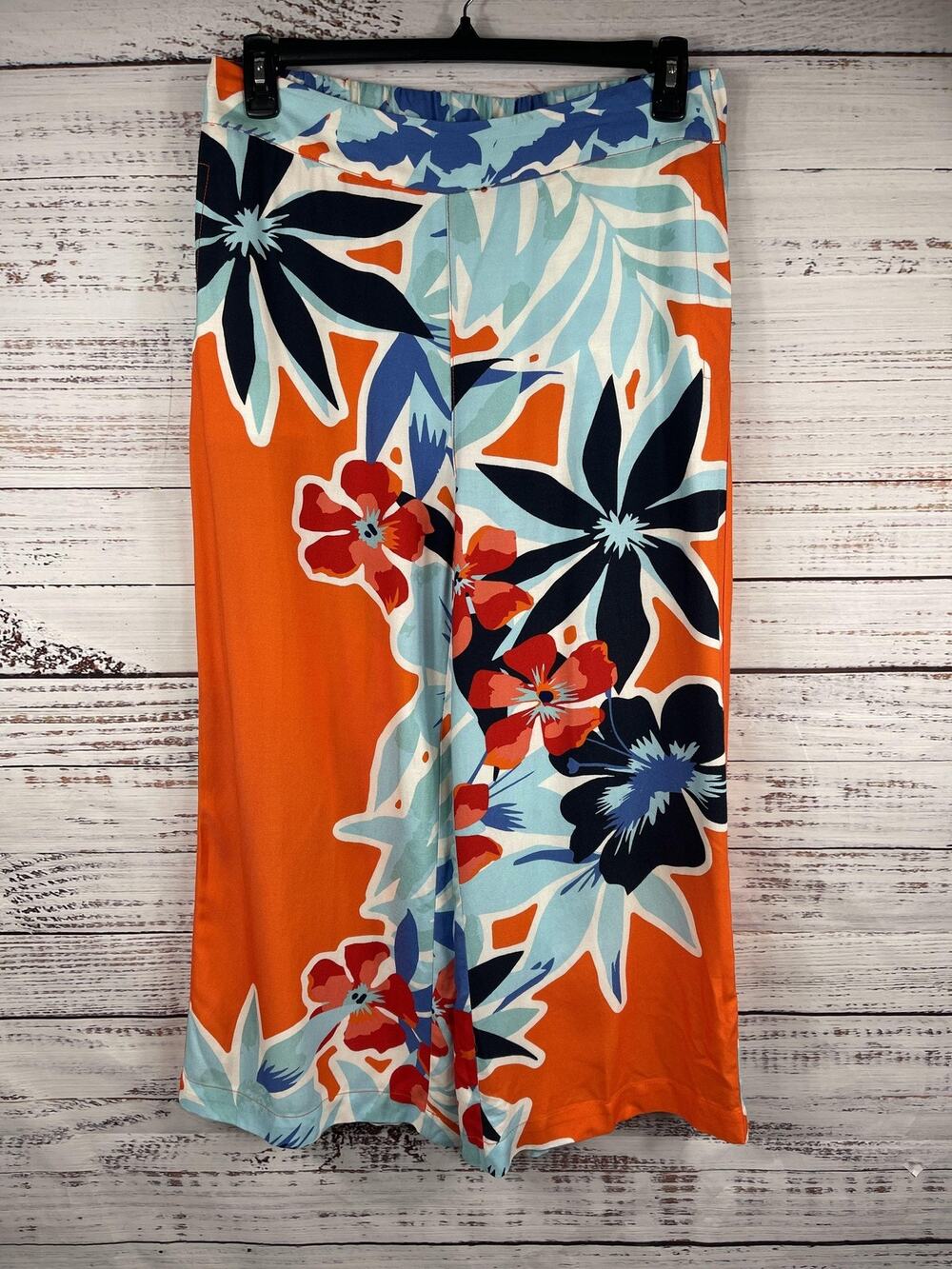 Soft Surroundings Pants Women's Size M Orange Floral Wide Leg Lounge 2ER34 Rayon